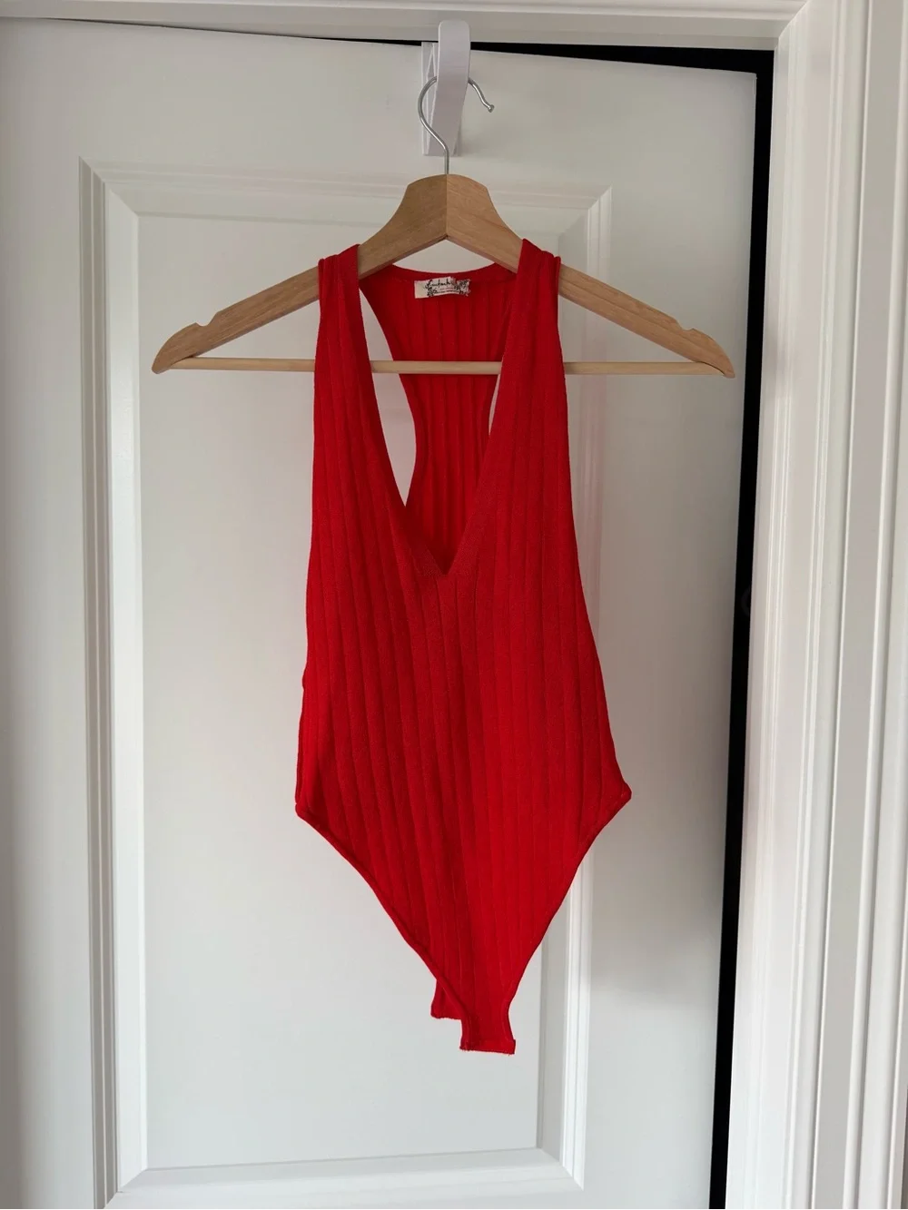 Free People Red Ribbed Scoop Neck Bodysuit